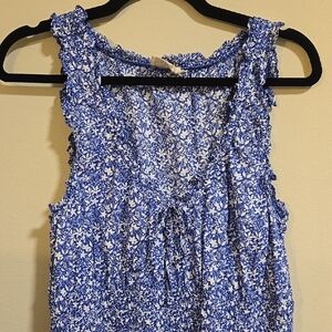 Blue and White Ruffled Tie Front Blouse